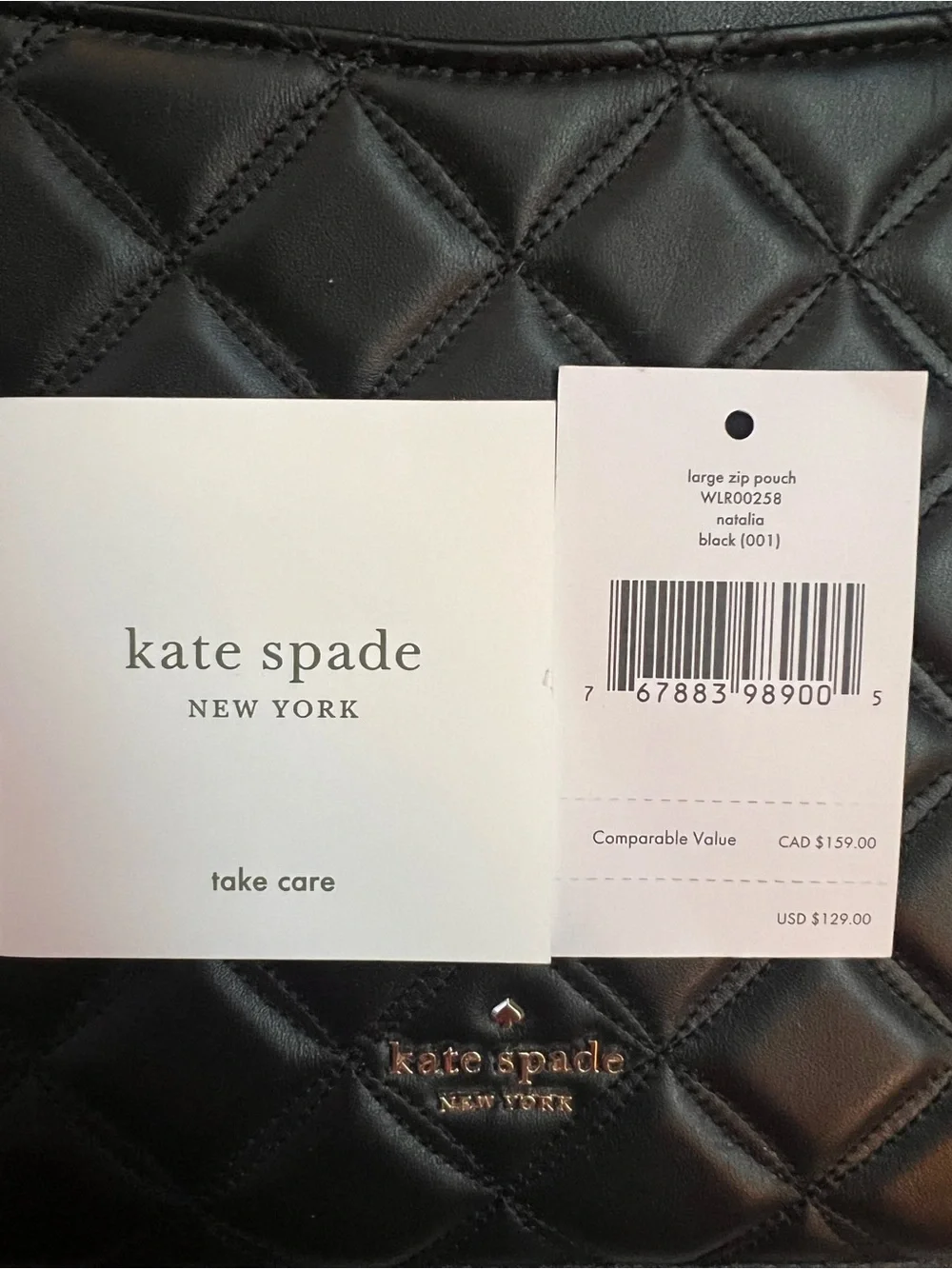 kate spade Black Quilted Leather Zip Pouch with Gold Logo